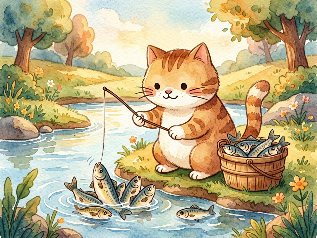 猫妈妈钓到鱼